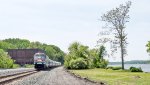 AMTK 700 leads Empire Service train 281 northbound through Germantown, NY along the Hudson River